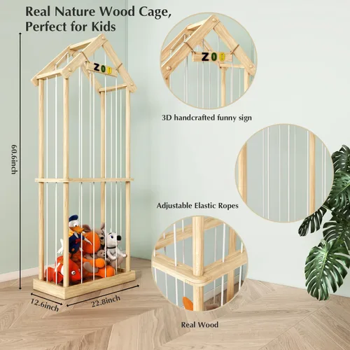 Miniatura 4 de Zoológico de almacenamiento de animales de peluche, organizador de almacenamiento de juguetes de pino macizo de 60.6 pulgadas de alto, base