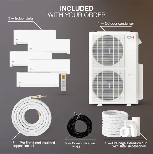 Miniatura 3 de Cooper & Hunter 5 Zone 9000 9000 12000 12000 12000 BTU Multi Zone Ductless Mini Split Aire acondicionado Bomba de calor Set completo con kits