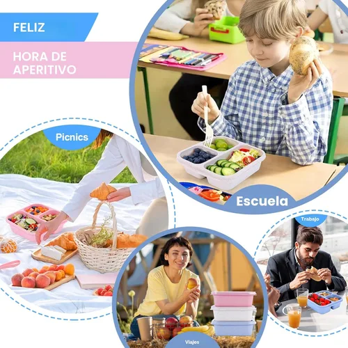 Miniatura 6 de Rinwoc Caja Bento [tamaño de la porción], paquete de 3 recipientes para aperitivos con 3 compartimentos para preparación de comidas y sobre