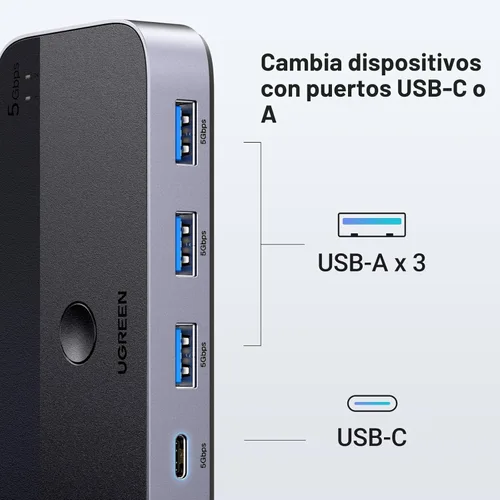Miniatura 3 de UGREEN Conmutador USB 3.0 2 computadoras que comparten dispositivos USB C y A, conmutador USB de 4 puertos para compartir teclado y mouse