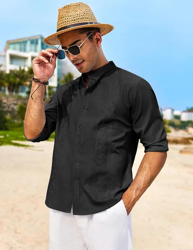 Miniatura 3 de COOFANDY Camisas casuales de lino para hombre, camisa de playa de manga larga con botones