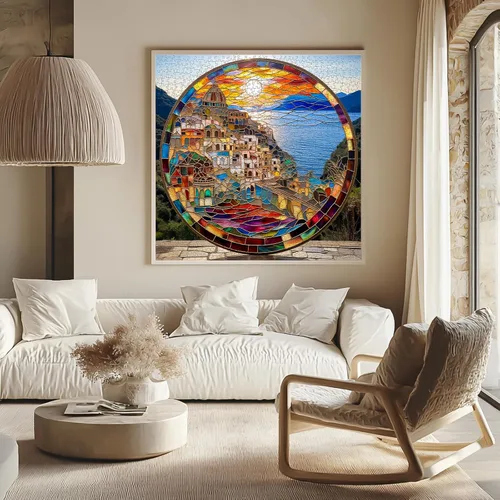 Miniatura 3 de Bgraamiens Rompecabezas de 1000 piezas con diseño de Cinque Terre Coastline Sunset, estilo vitral, vista italiana de la ciudad, perfecto