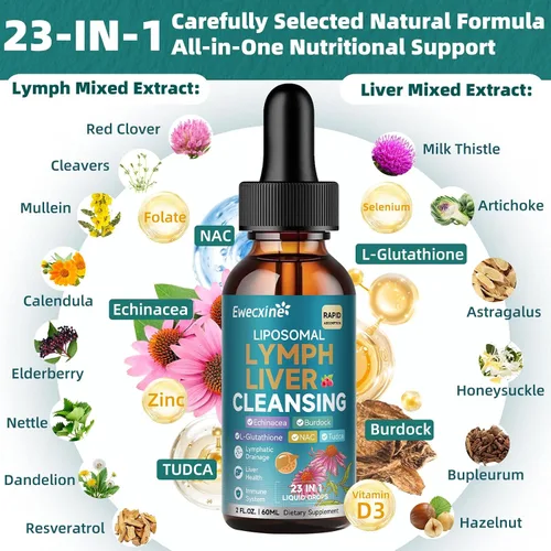 Miniatura 2 de Gotas de drenaje linfático liposomal y limpieza del hígado, 23 en 1 con equinácea, NAC, TUDCA, L-glutatión, bardana para linfa, desintoxicación