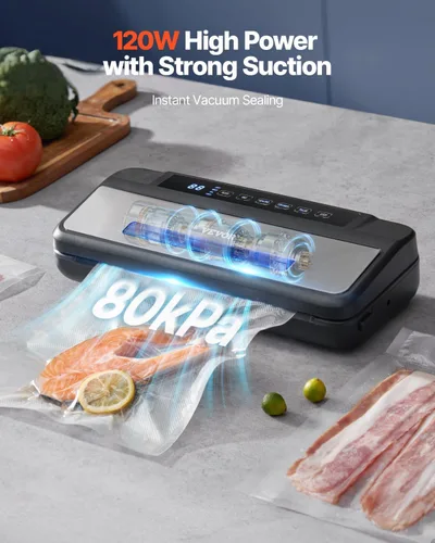 Miniatura 2 de VEVOR Máquina selladora al vacío, 80 Kpa 120 W, potente sellador de alimentos compacto, sellador al vacío de alimentos multifuncional 7 en 1