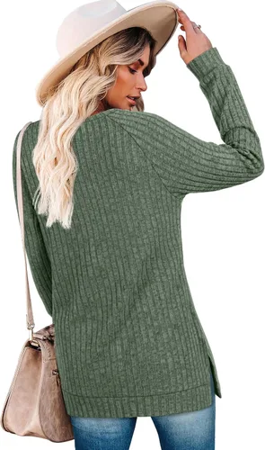 Miniatura 5 de Bofell Camisas de manga larga para mujer, cuello redondo, estilo casual, con botones, con abertura lateral