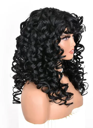 Miniatura 3 de ANNISOUL Pelucas rizadas negras para mujeres negras, peluca afro rizada larga con flequillo para mujeres, fibra sintética sin pegamento, pelo Negro