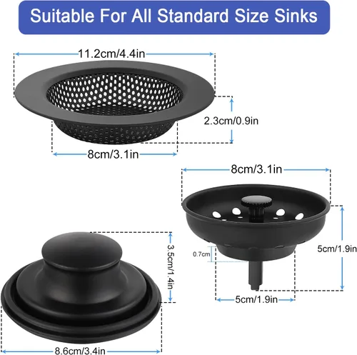 Miniatura 7 de Colador de drenaje para fregadero de cocina, paquete de 3 tapones de acero inoxidable, cesta de drenaje antiobstrucción para fregadero de cocina