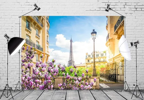 Miniatura 3 de BELECO Telón de fondo romántico de la Torre Eiffel de París, de 5 x 3 pies, diseño romántico de París, flores florecientes de primavera, cielo azul