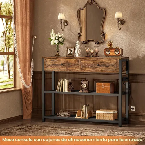 Miniatura 6 de Ecoprsio Mesa de entrada con salidas y puertos USB, mesa consola con 2 cajones, mesa de sofá pequeña con estantes de almacenamiento para sala