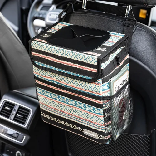 Miniatura 8 de SIBOFUEGO Bote de basura lindo para automóvil, a prueba de fugas, con tapa y bolsillos de almacenamiento, cubo de basura para automóvil para hombres