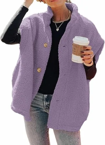 Miniatura 41 de Hongqizo - Chaleco de forro polar mullido para mujer, casual, de gran tamaño, cálido, con botones, chaqueta de sherpa con bolsillos