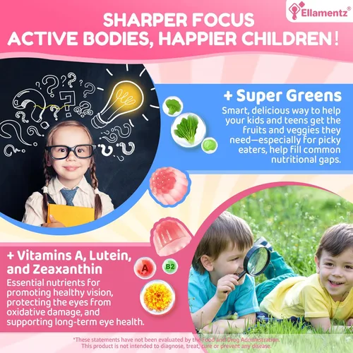 Miniatura 5 de Omega 3 para niños y adolescentes, vitaminas de enfoque para niños con melena de león, súper verdes, luteína, metil B12 B9, para enfoque cerebral