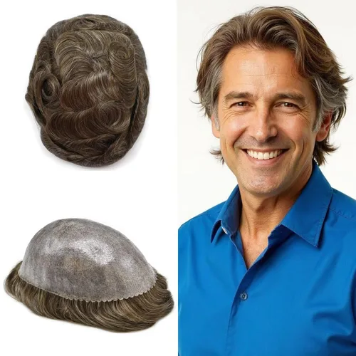 Miniatura 45 de Toupee - Sistema de reemplazo de cabello humano real de 0.004 in para hombres, con inyección, poliuretano duradero, piel fina, línea capilar
