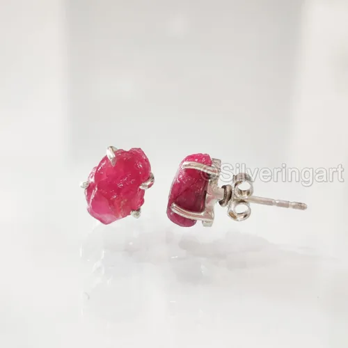 Miniatura 3 de AAA Rough Ruby Stud Earring, Natural Ruby Earring, July Birthstone, Womens Earring, 925 Sterling Silver, Christmas, Thanksgiving, Mens Studs