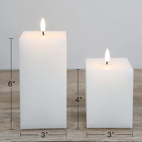 Miniatura 2 de Velas sin llama blancas acanaladas con control remoto, juego de 2 velas LED cuadradas a pilas, velas parpadeantes de cera real para decoración