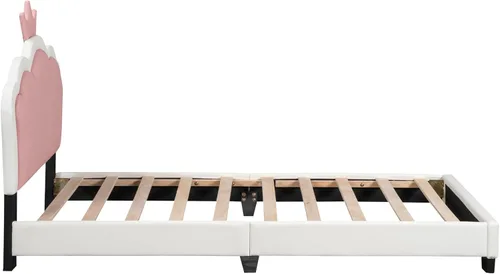 Miniatura 6 de Cama de plataforma tapizada de tamaño individual, marco de cama de plataforma de madera con cabecera en forma de corona, elementos de dibujos