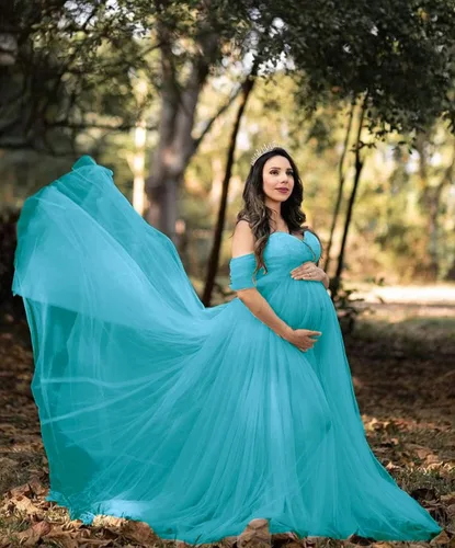 Miniatura 5 de ZIUMUDY Vestido largo de sesión de fotos de tul con hombros descubiertos para maternidad, manga caída, vestido de tul transparente