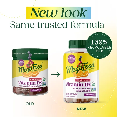 Miniatura 2 de MegaFood D3 1000 IU (25 mcg) - Suplemento de vitamina D para apoyo óseo, muscular e inmunológico, sin OMG, sin gluten, frutas mixtas, 70