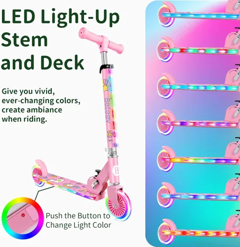 Miniatura 2 de BELEEV V2 - Scooter para niños con ruedas y tallo y plataforma iluminados, scooter plegable de 2 ruedas para niñas y niños, 3 alturas ajustables