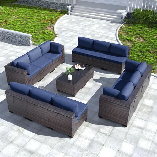 Miniatura 46 de Kullavik Juego de 13 muebles de patio al aire libre con mesa de fogata de gas propano de 43 pulgadas, 55000 BTU, mimbre de polietileno, sofá Arena