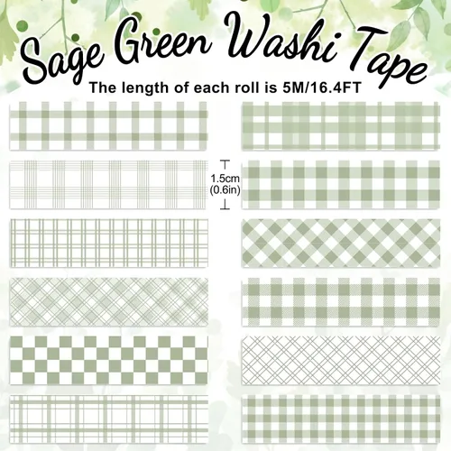 Miniatura 2 de Whaline 12 Rolls Sage Green Plaid Washi Tape Masking Tape Set Pastel Green Gingham Decorative Wrapping Paper Tapes Boxed for Wedding Scrapbook
