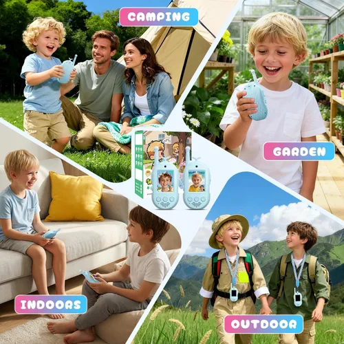 Miniatura 9 de Walkie Talkies de video mejorados para niños, paquete de 2 unidades recargables de voz/videollamadas para niños, juguetes para interiores, Azul/Azul