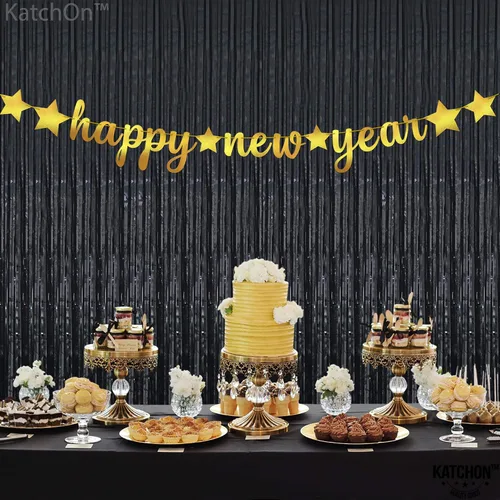 Miniatura 8 de KatchOn, Pancarta de Feliz Año Nuevo de Oro Brillante - 3.05 metros, Pre - Enhebrado Telón de Fondo de Feliz Año Nuevo para Decoraciones de Año