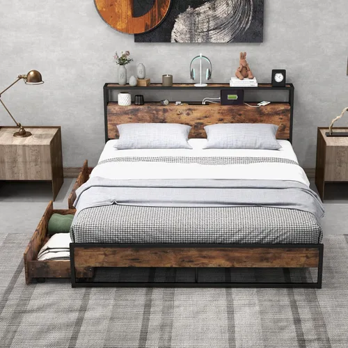 Miniatura 10 de Giantex Base de cama Queen con cabecero de luces LED y 4 cajones de almacenamiento, plataforma de metal con enchufes y puertos USB, estación