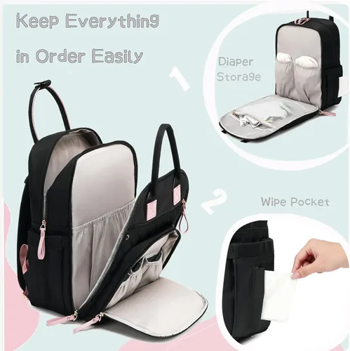 Miniatura 3 de LORADI Mochila grande de 18 bolsillos para pañales con bolsillos impermeables y hebilla para cochecito, bolso convertible para bebé (Negro, Grande)