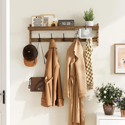 Miniatura 4 de AMBIRD Ganchos de pared con estante de 73.4 cm Entrada de pared con estante, ganchos para abrigos de madera, perchero de pared con estante