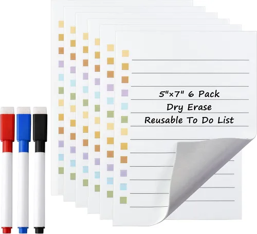 6 calcomanías de pizarra blanca de borrado en seco de 5 x 7 pulgadas con 3 marcadores | Planificador reutilizable forrado de stickies, adecuado para