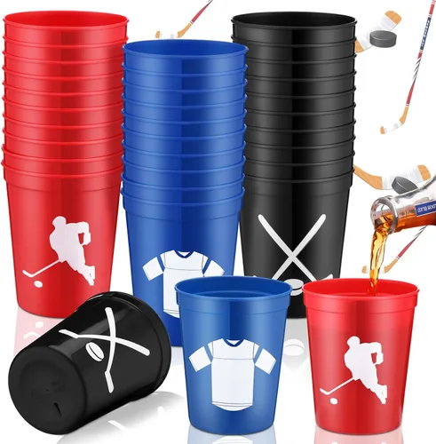 Miniatura 10 de Zhehao 30 vasos de plástico con pelota deportiva, vasos reutilizables de plástico para hockey, fútbol, baloncesto, vasos para estadios de 16 onzas