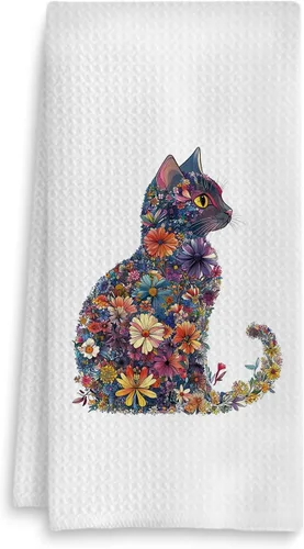Toalla de cocina con gato floral, toalla de mano con gato floral para decoración de baño, toalla de té para platos de cocina con gatito para