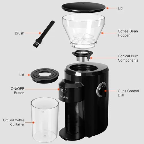 Miniatura 8 de Secura Molinillo de café de rebabas cónicas, molinillo de café eléctrico con 18 ajustes de molienda, molinillo de granos de café ajustable para 2-10