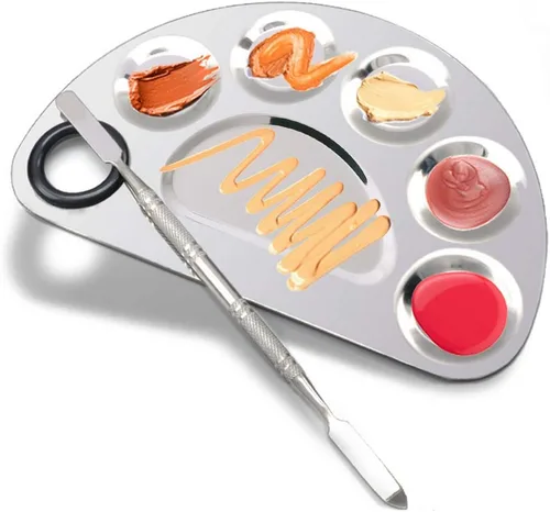 Paleta de maquillaje de acero inoxidable, paleta cosmética de 6 pozos con espátula para arte de uñas, sombra de ojos, mezcla, base, pintura,