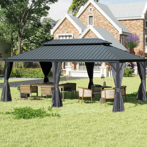 Miniatura 42 de Domi - Cenador permanente de metal con techo rígido de 8 x 8 pies, con doble techo de acero galvanizado, cortinas y malla para fiestas, bodas, Gris