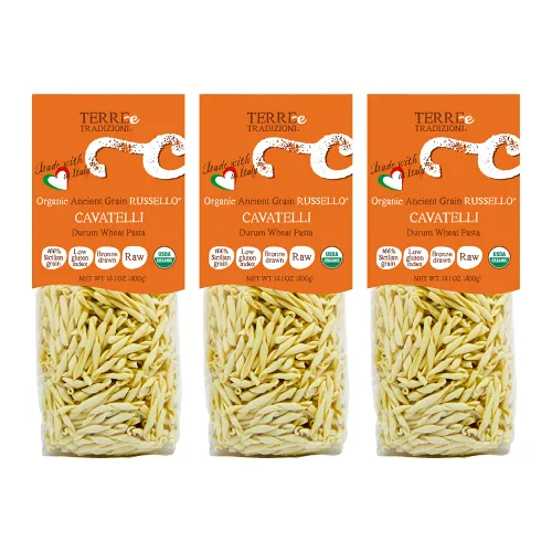 3 paquetes de pastas de trigo italiano orgánico durum, cavatelli – Russelló de grano antiguo siciliano vegano elaborado en Italia. Índice bajo en
