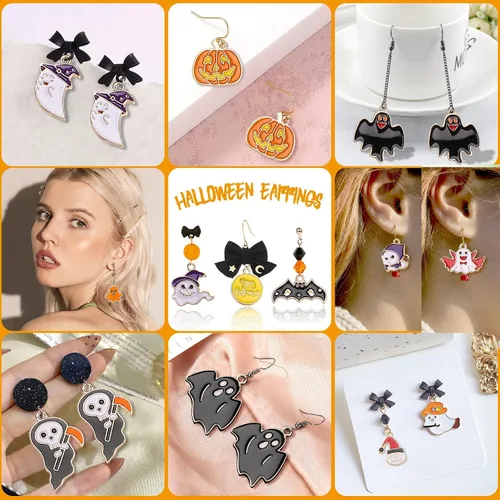 Miniatura 5 de SANNIX 110 piezas 55 pares de dijes de Halloween esmaltados dorados para Halloween, aretes, pulseras, collares, manualidades