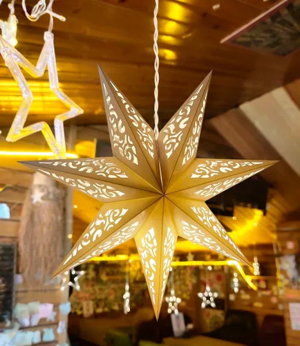 Miniatura 3 de Lámpara de estrella de papel hueca con diseño de estrella colgante para decoración de bodas, Navidad, festividades, cumpleaños, celebración (Blanco)