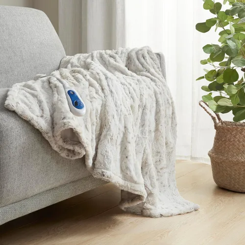 Miniatura 2 de Beautyrest Zuri - Poncho manta eléctrica reversible de piel sintética de leopardo de las nieves a visón, ponible, apagado automático, prácticamente