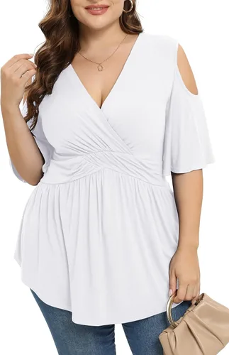 Miniatura 2 de TIANZHU Camisetas de talla grande para mujer, sexy, con cintura imperio, camisas de manga corta con detalle de hombros descubiertos