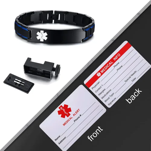 Miniatura 6 de VNOX Pulsera ajustable de acero inoxidable cepillado de 2 tonos con grabado personalizado gratis, identificación de alerta médica, unisex