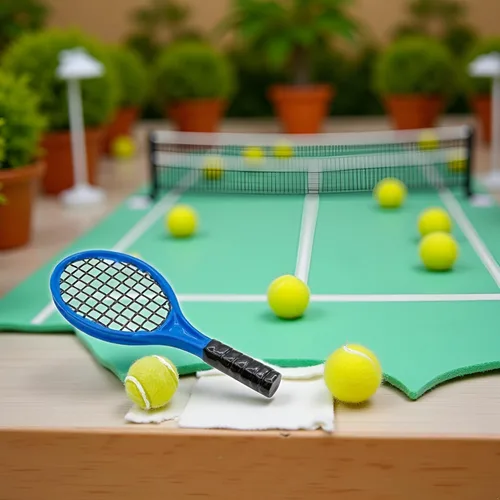 Miniatura 4 de Juego de raquetas de tenis en miniatura azul y verde, accesorios a escala 1/12, juego de mini raqueta, tenis pequeño