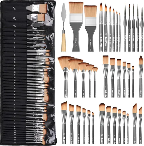 Nicpro Juego de 40 pinceles de pintura, pinceles profesionales de acrílico con cuchillo de paleta y rollo de lienzo, adecuado para pintura acrílica,