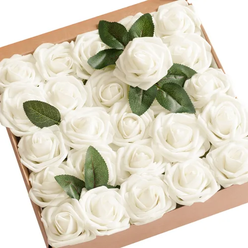 Miniatura 56 de Ling’s Moment - Flores Artificiales, 50 piezas, Rosas Verde Pavo Real con Tallos, 3" de Tacto Real, Espuma DIY para Ramilletes de Boda/Centros