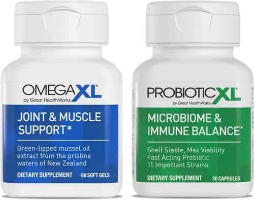 OmegaXL Potente suplemento de apoyo para articulaciones y músculos (60 unidades) y Probiótico XL - PreforPro, DE111, estable en estante - Promueve