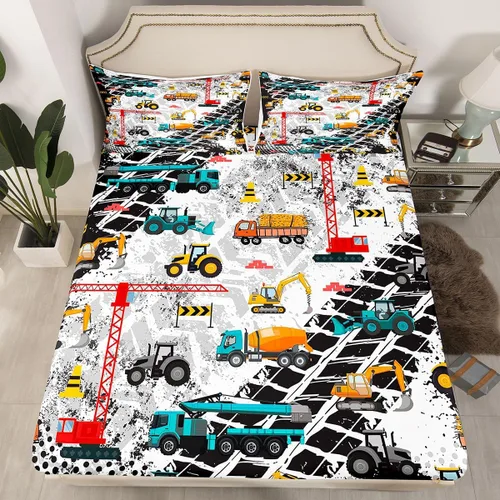 Miniatura 23 de Juego de sábanas bajeras ajustables para niños, diseño de caricaturas, camiones, tamaño individual, juegos de ropa de cama de excavadoras, camiones