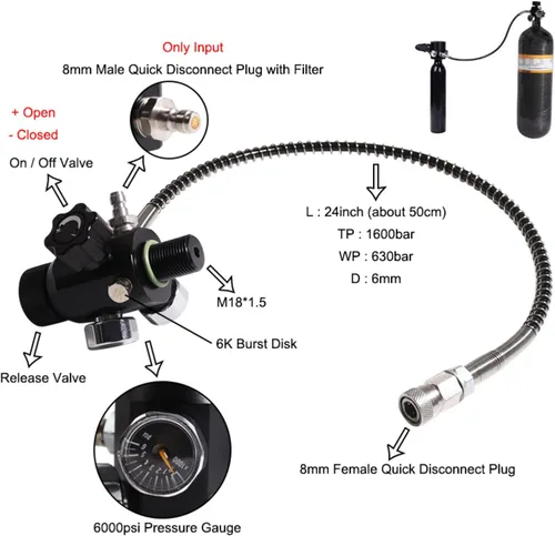 Miniatura 2 de TUXING 4500PSI Pcp Tank DIN Válvula Buceo Adaptador de doble calibre con manguera de 20 "tanque Paintball HPA, estación de llenado de aire