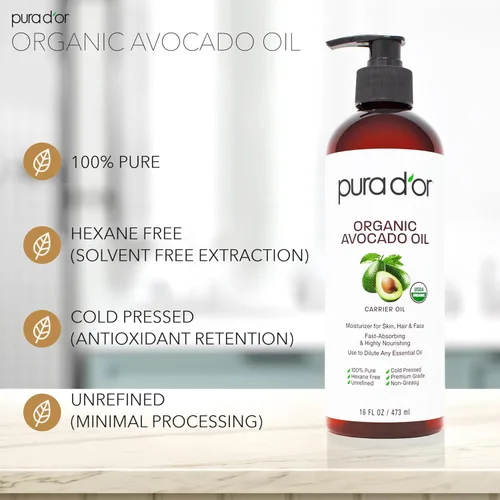 Miniatura 2 de PURA D'OR Aceite de Aguacate ORGÁNICO de 16 Oz, 100% Puro y Natural Certificado por USDA, Aceite Portador Prensado en Frío Para Belleza DIY, No