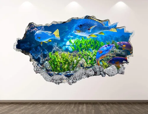 Calcomanía de pared para acuario, decoración 3D de peces de arrecife de coral aplastado, póster para habitación de niños, regalo personalizado BL167